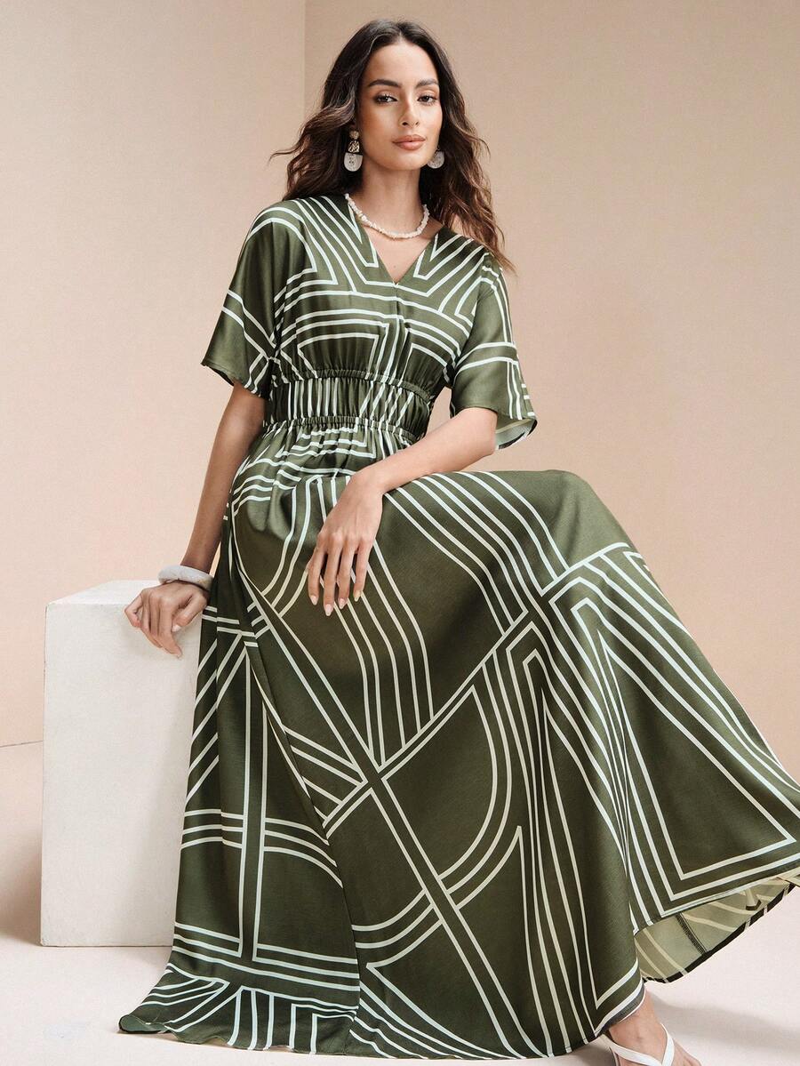 Chiquease Women Olive Green Satin Geometric Print V-Neck Maxi Dress,Summer Elegant Tea Party Bohemian Scarf Pattern Ruched Waist Batwing Sleeve Vacation Outfits - Green - View 1