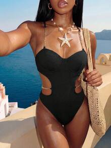 Vaytide Summer Beach Rib Cut-Out Chain Decor One Piece Swimsuit - Black - View 1