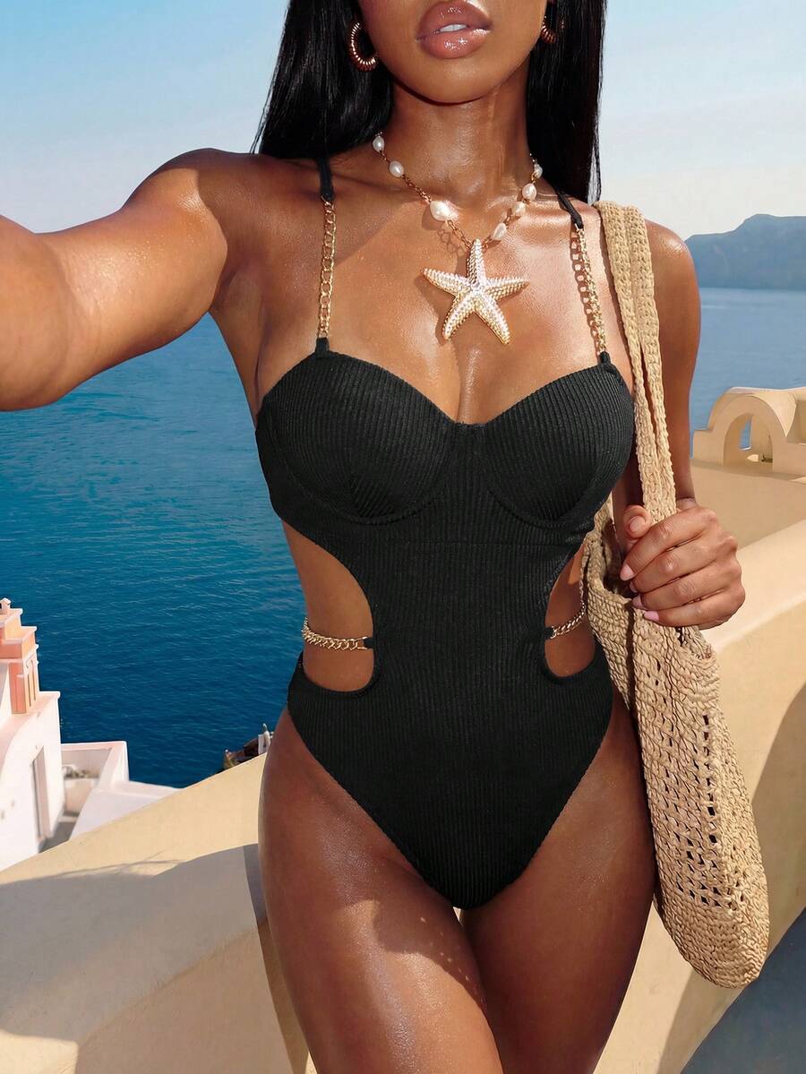 Vaytide Summer Beach Rib Cut-Out Chain Decor One Piece Swimsuit - Black - View 1
