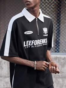 EVRINFINITE Men's Summer Zipper Half Placket Short Sleeve Casual & Commuting Polo Shirt With Letter Print - Black - View 4