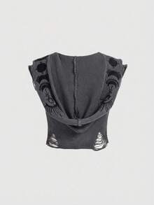ROMWE Goth 暗黑嬉皮风星月刺绣女巫连帽披肩领薄纱针织上衣（女款） - 灰色 - 查看 2