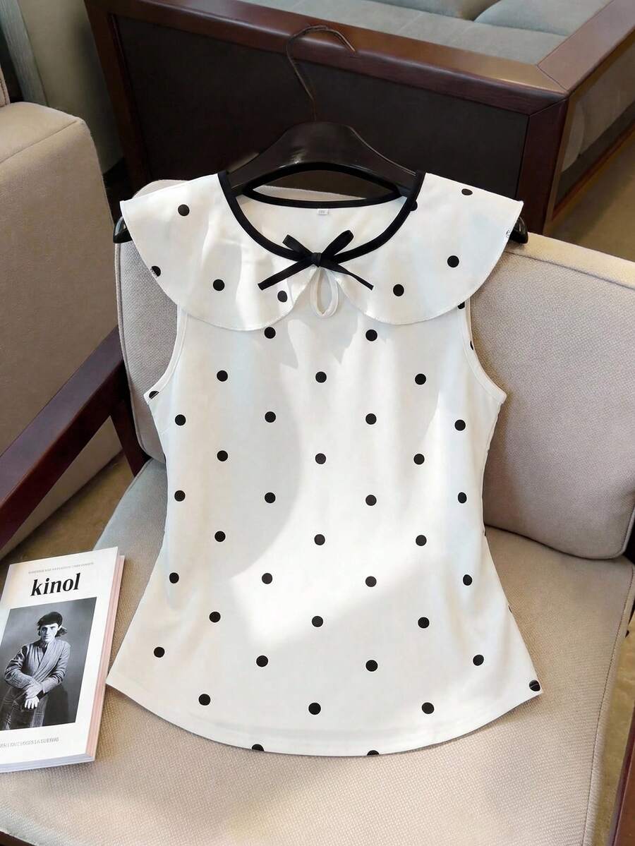 SHEIN Tween Girls Ruffled Polka Dot Print T-Shirt, Fashion Polka Dot Mesh Bow Unique Elegant Round Neck Top, Summer - Black and White - View 1