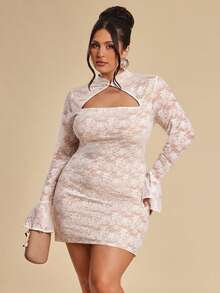 SHEIN BAE 女士加大码春季性感修身蕾丝白色镂空连衣裙 - 白色 - 查看 8