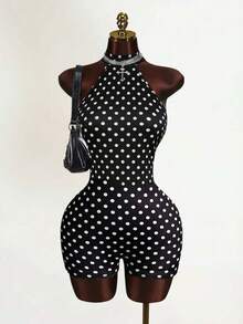 Zestiva Bộ áo liền quần ôm sát cổ yếm in chấm bi dễ thương dành cho nữ, áo liền quần chấm bi gợi cảm cho nữ. - Đen và trắng - Xem 3