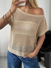 SHEIN EZwear 纯色不对称领口宽松透视露肩毛衣 - 杏色 - 查看 3