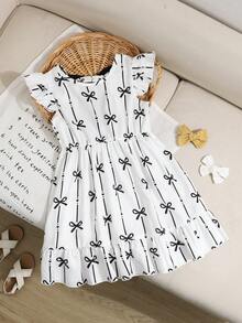 SHEIN Playful Pals 女童优雅印花圆领喇叭袖露背蝴蝶结装饰腰部荷叶边下摆休闲时尚连衣裙，适合度假旅行和夏季穿着 - 白色 - 查看 4