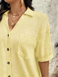 Breezaya Plus Size Button Up Pocket Solid Color Dress - Mustard Yellow - View 6
