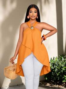 SOLERSUN Plus Size Women's Spring And Summer Fashion Elegant Sexy Leisure Vacation Long Shirt Sleeveless Strap Hanging Neck Twisted Shirt/Blouse, A Front Short Rear Long Cross Overlapping Back Split Solid Color Orange Texture Woven Fabric Wavy Shell Metal Decoration Suitable For Daily Dressing Shopping Date Shopping Beach Dressing Tropical Vacation Music Festival, Quiet Luxury Vacation - Orange - View 1