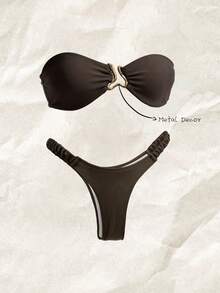 Swim Mod Springbreak Women's Summer Beachwear Outfits, Solid Strapless Metal Decor Sexy Tie Bikini Set - Coffee Brown - View 5