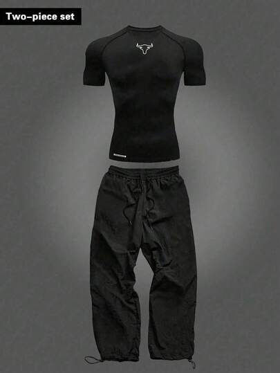 RISE LYT Bộ đồ thể thao nam in hình bò tót gồm áo thun và quần.