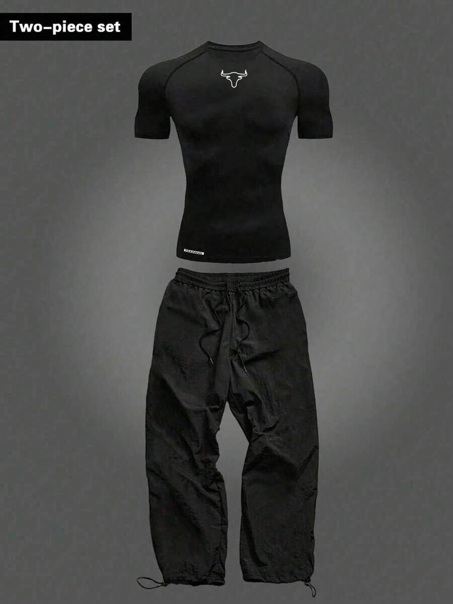 RISE LYT 男士公牛印花T恤和运动裤套装 - 黑色 - 查看 1