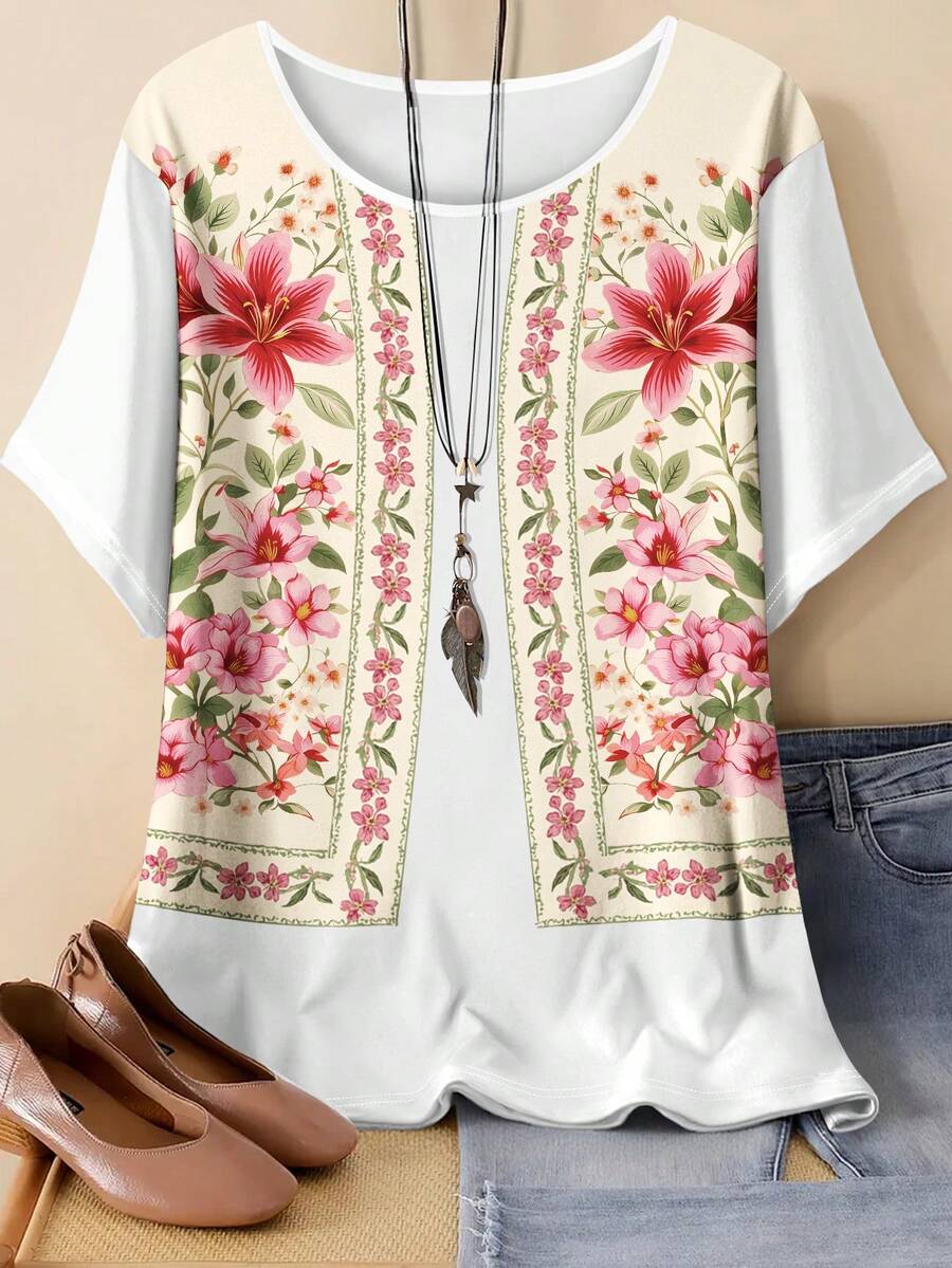 EMERY ROSE 大码印花休闲女式短袖圆领T恤 - 彩色 - 查看 1