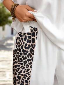 SHEIN Vacation Casual + French Chic Relaxed Leopard Print Patchwork Plus Size 2 Pieces Set - White - View 6