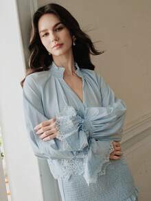 Anewsta 春夏新款度假套装，手工荷叶边镂空蕾丝边浪漫优雅女士衬衫 - 藍色 - 查看 5