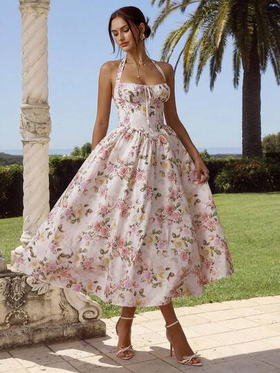 Enchnt 女士优雅花卉印花露背无袖连衣裙，夏季