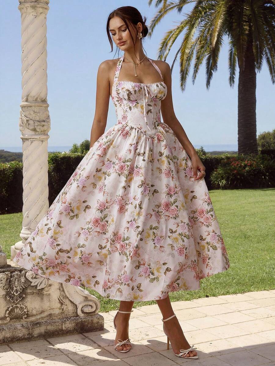 Enchnt 女士优雅花卉印花露背无袖连衣裙，夏季