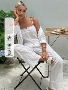 DAZY 3pcs Vacation Style Polka Dot Textured Fabric Women Pajama Set - White - View 2