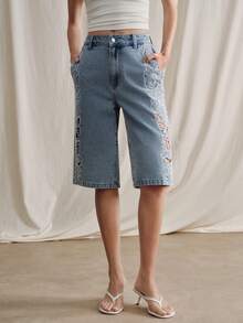 Anewsta 女士春夏时尚奢华性感镂空花卉刺绣浪漫派对度假蓝色休闲直筒牛仔裤 - 藍色 - 查看 6