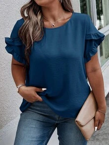 SHEIN LUNE CURVE 大码夏季休闲纯色荷叶边领衬衫 - 藏蓝色 - 查看 3