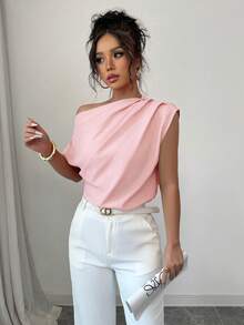 Elenzga Women's Summer Solid Color Elegant Asymmetrical Shoulder Ruffle Batwing Sleeve Blouse - Baby Pink - View 4