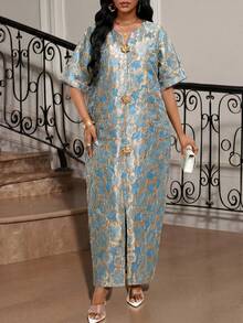 SHEIN Lady Women's Notched Neck Short Sleeve Floral Print Long Dress For Summer,Summer Dresses For Women - Aqua Blue - View 5
