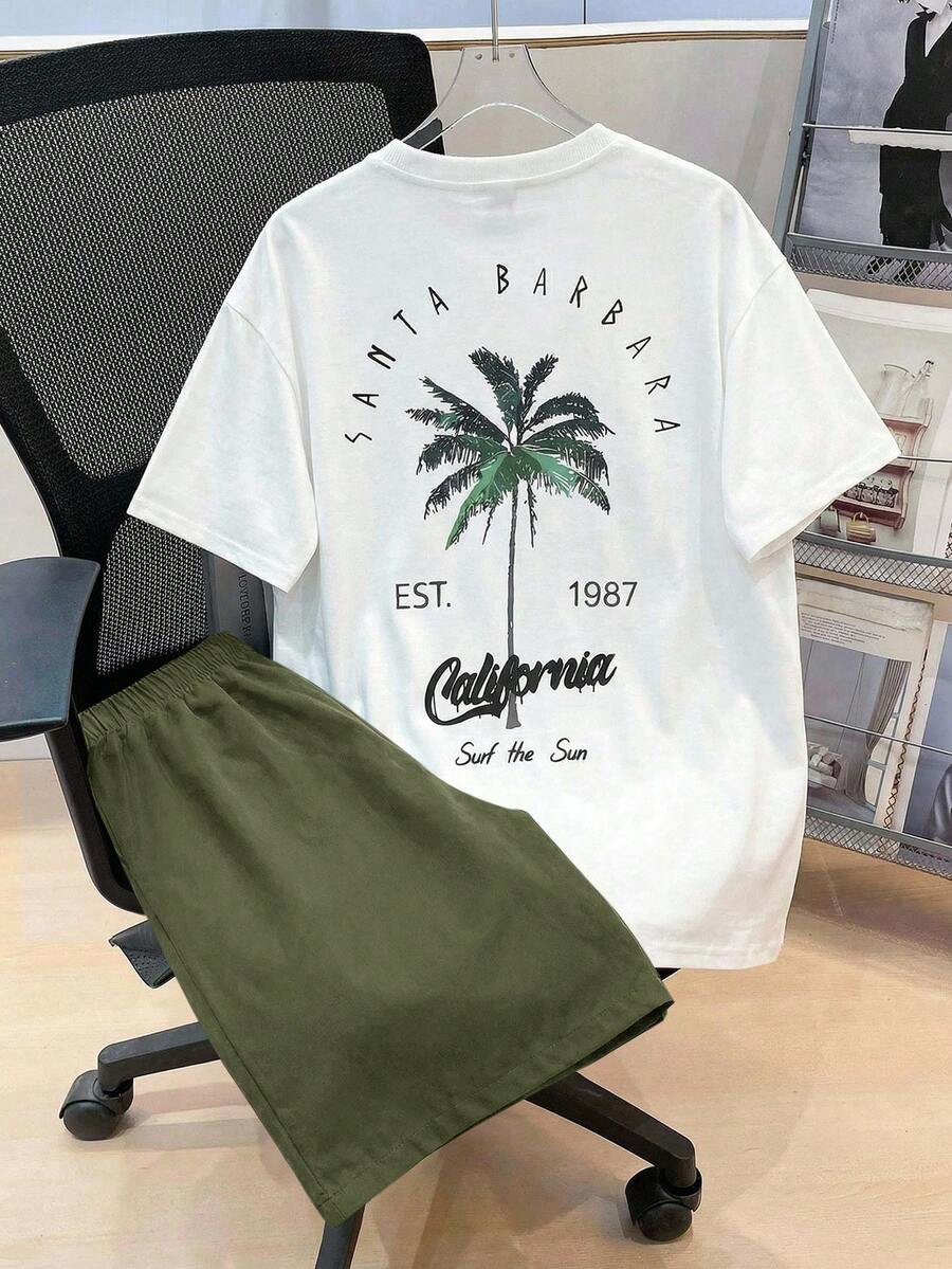 SHEIN 2pcs Set Teen Boy's Tropical Print Tee & Drawstring Waist Shorts;Spring Wear; Teen Boys' Clothing; Kids' Jackets, Spring Back To School - Army Green - View 1