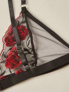 Spicy Aura Conjunto de lencería con bordado floral de malla - Negro - Ver 6