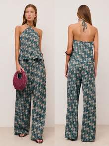 Nöista Top Pants Set In Floral Print Top With Halter Neckline Wedding Guest Look.Floral For Festival Summer Spring Outfit Festival Graduation Bridesmaid - Dark Green - View 1