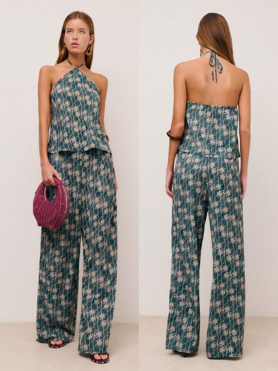 Nöista Top Pants Set In Floral Print Top With Halter Neckline Wedding Guest Look.Floral For Festival Summer Spring Outfit Festival Graduation Bridesmaid - Dark Green - View 1