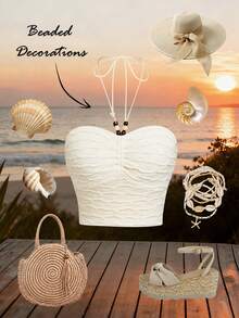 Lyxana Beaded Decor Strapless Tie Front Ruched Crop Top For Women, Beach Vacation Style - Apricot - View 6