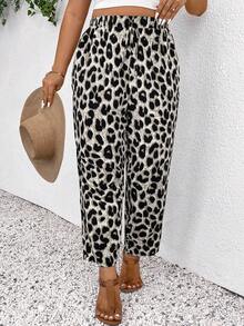 SHEIN Frenchy Plus Size Leopard Print Casual Pants, Summer Trousers, Vacation Trousers,Women N Beachwear, Boho/Bohemian Women's Clothing, Daily Fashion Fall - Grey - View 5