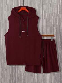 Manfinity Homme Men's Hooded Vest And Slant Pocket Shorts Casual Suit, Holiday - Burgundy - View 3