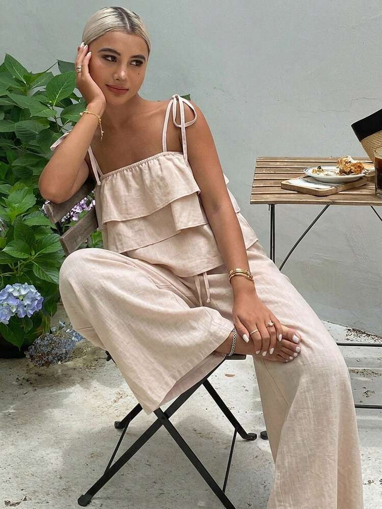 2pcs/Set Women's Fashion Ruffled Crop Camisole & High Waist Tie Waist Wide Leg Casual Pants Summer Outfit