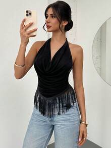 Firerie Áo hai dây cổ xếp ly màu trơn có tua rua dành cho nữ, thích hợp cho kỳ nghỉ. - màu đen - Xem 5