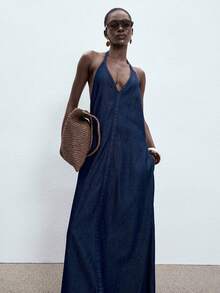 ATUI Studio 女士性感露背吊带宽松牛仔连衣裙，适合夏季度假 - 藏蓝色 - 查看 5