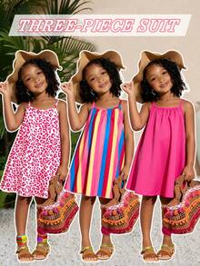 3pcs/Set Young Girls Summer Dress,Magenta Leopard,Striped & Solid Pink Sleeveless Straight Dresses, - Multicolor - View 3