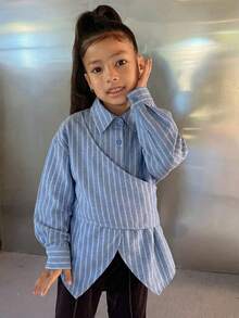 DAZY Tween Girls Turndown Collar Striped Long Sleeve Woven Shirt - Dusty Blue - View 3