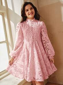 Anewsta Robe élégante à ligne A en dentelle 3D pour filles, convient pour les banquets, les anniversaires et autres occasions pour enfants, printemps/été - Rose bonbon - Voir 5