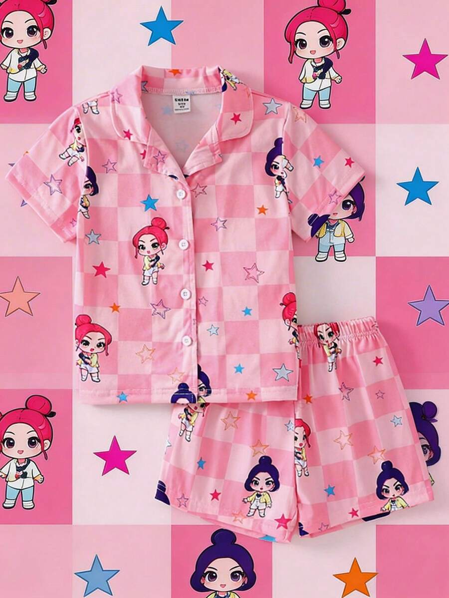 SHEIN 2件套 女童可爱粉色短袖上衣和短裤舒适睡衣套装 - 粉色 - 查看 1