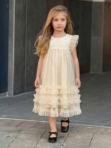 DAZY Young Girls Round Neck Mesh Dress, Fall Outfit - Apricot - View 3