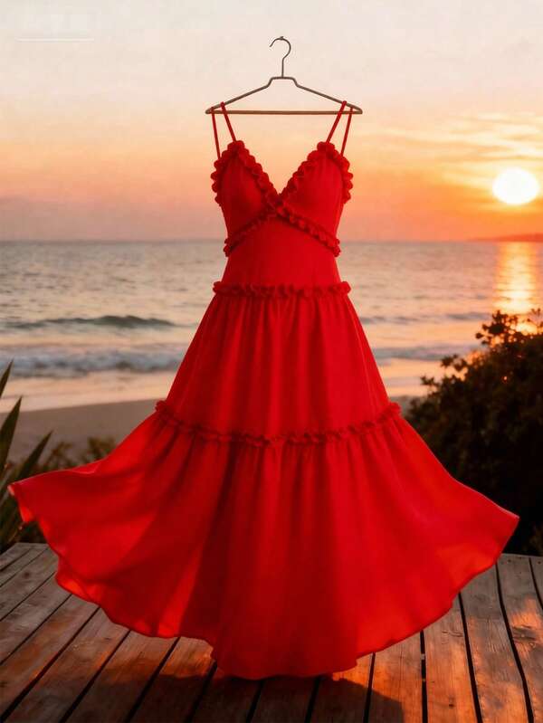 Franclia Romantic Red Sleeveless Frill Trim Splice Dress, Casual Summer Holiday