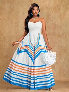 Brilight 女士条纹印花，优雅休闲宽松连衣裙，非常适合外出，适合日常聚会和婚礼穿着。 - 杏色 - 查看 4