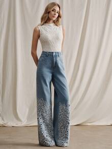 Anewsta Quần jeans nữ ống đứng màu xanh dương sang trọng, gợi cảm, khoét lỗ, thêu họa tiết, thích hợp cho tiệc tùng, du lịch, ngày Valentine, mùa xuân/hè. - Màu xanh lam - Xem 6