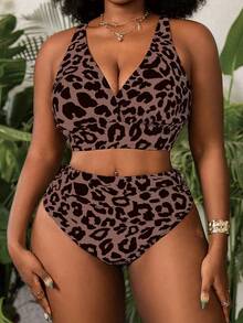 Slaydiva Plus Size Women's 2pcs Leopard Print V-Neck High Waist Triangle Bikini Swimwear - Multicolor - View 3
