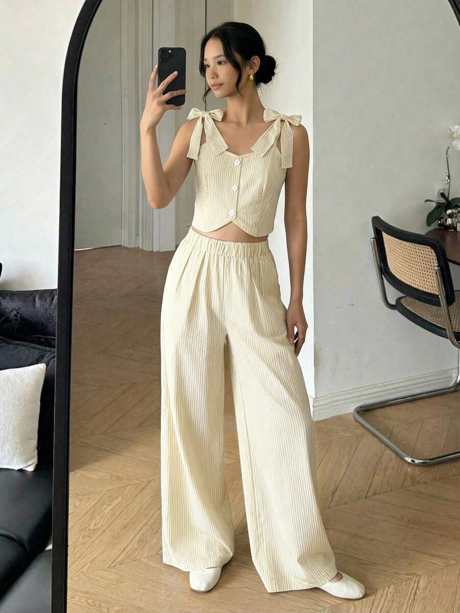 SHEIN Bộ 2 món cho bé gái tuổi teen: Áo khoác cardigan không tay và quần ống rộng cạp chun, trang phục thường ngày mùa hè. - Màu be - Xem 1