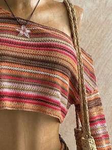 Soleia Bộ đồ 2 món dành cho nữ cỡ lớn - Áo croptop dài tay lệch vai kẻ sọc hồng và quần short. - Nhiều màu - Xem 4