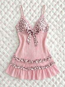 Elamini 女士豹纹拼接吊带连衣裙 - 粉色 - 查看 5