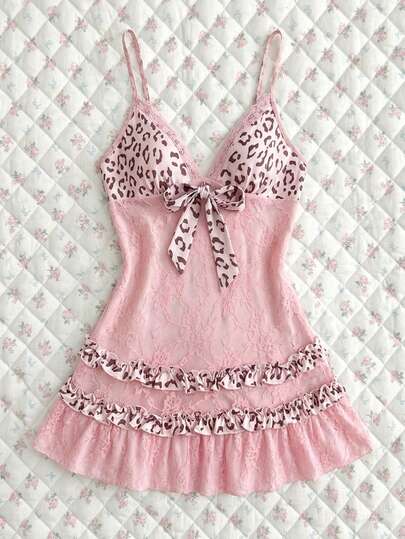 Elamini Women's Leopard Print Patchwork Camisole Dress