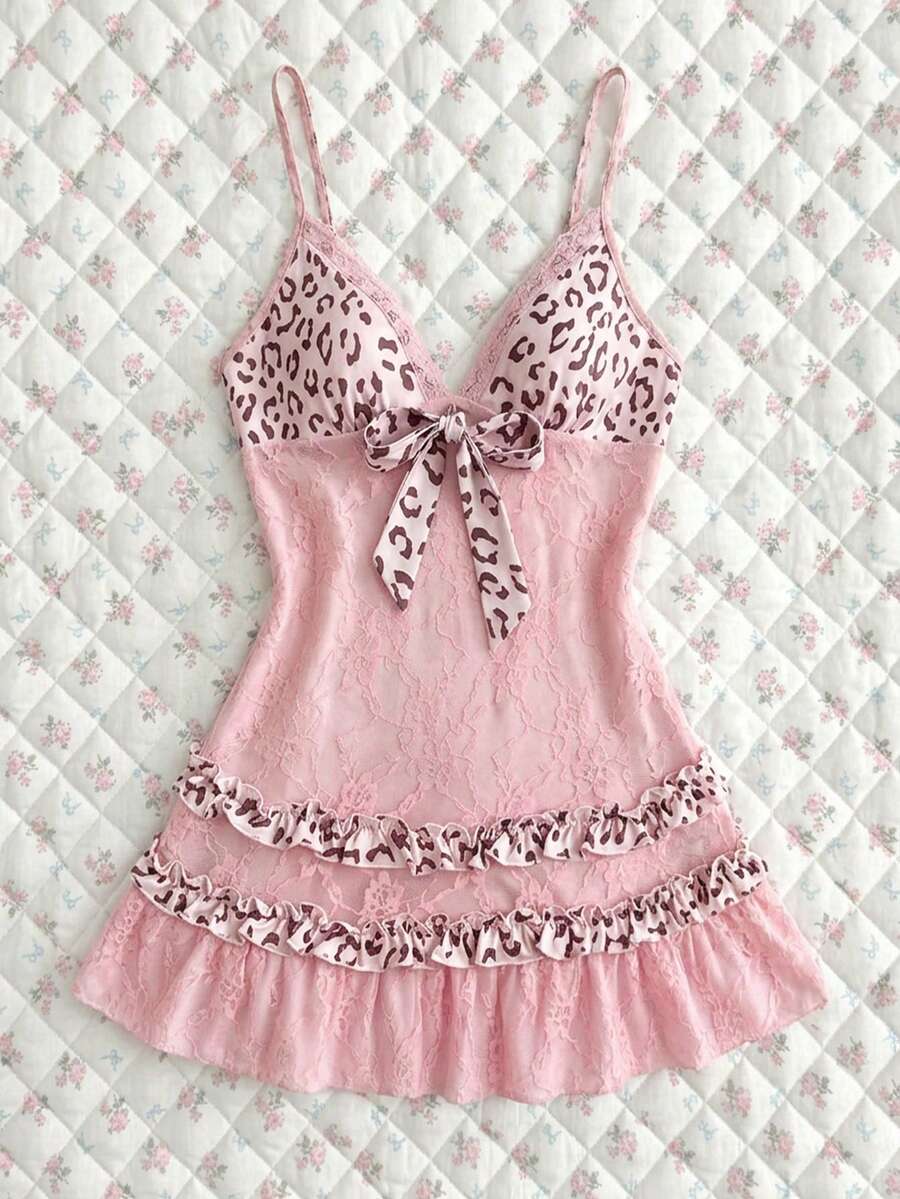 Elamini 女士豹纹拼接吊带连衣裙 - 粉色 - 查看 1