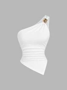 Sweetra 女士纯色简约不对称领金属扣衬衫 - 彩色 - 查看 3